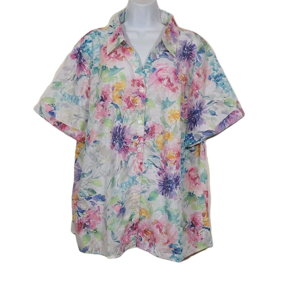 Alfred Dunner Woman Button Down Short Sleeve Watercolor Colorful Shirt 2X